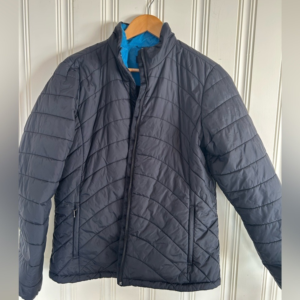Lands End Womens Large 14-16 Black Quilted Puffer Jacket Blue Lining Full Zip